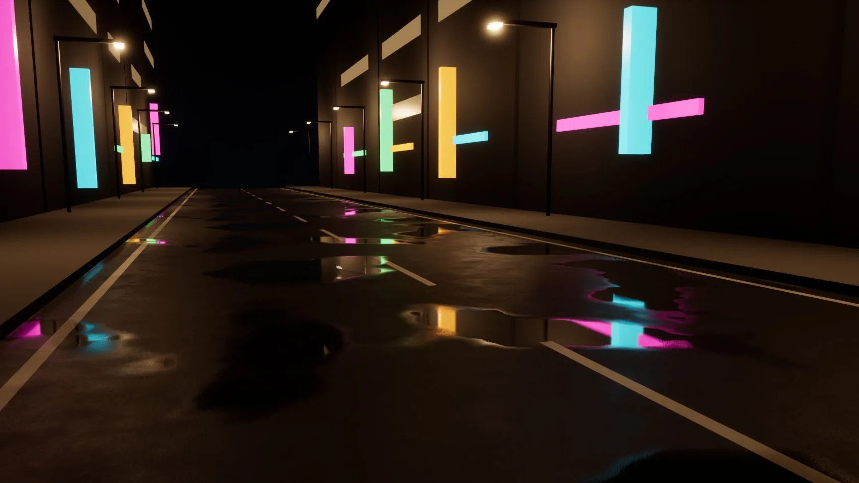 Neon and street lights in rain puddles