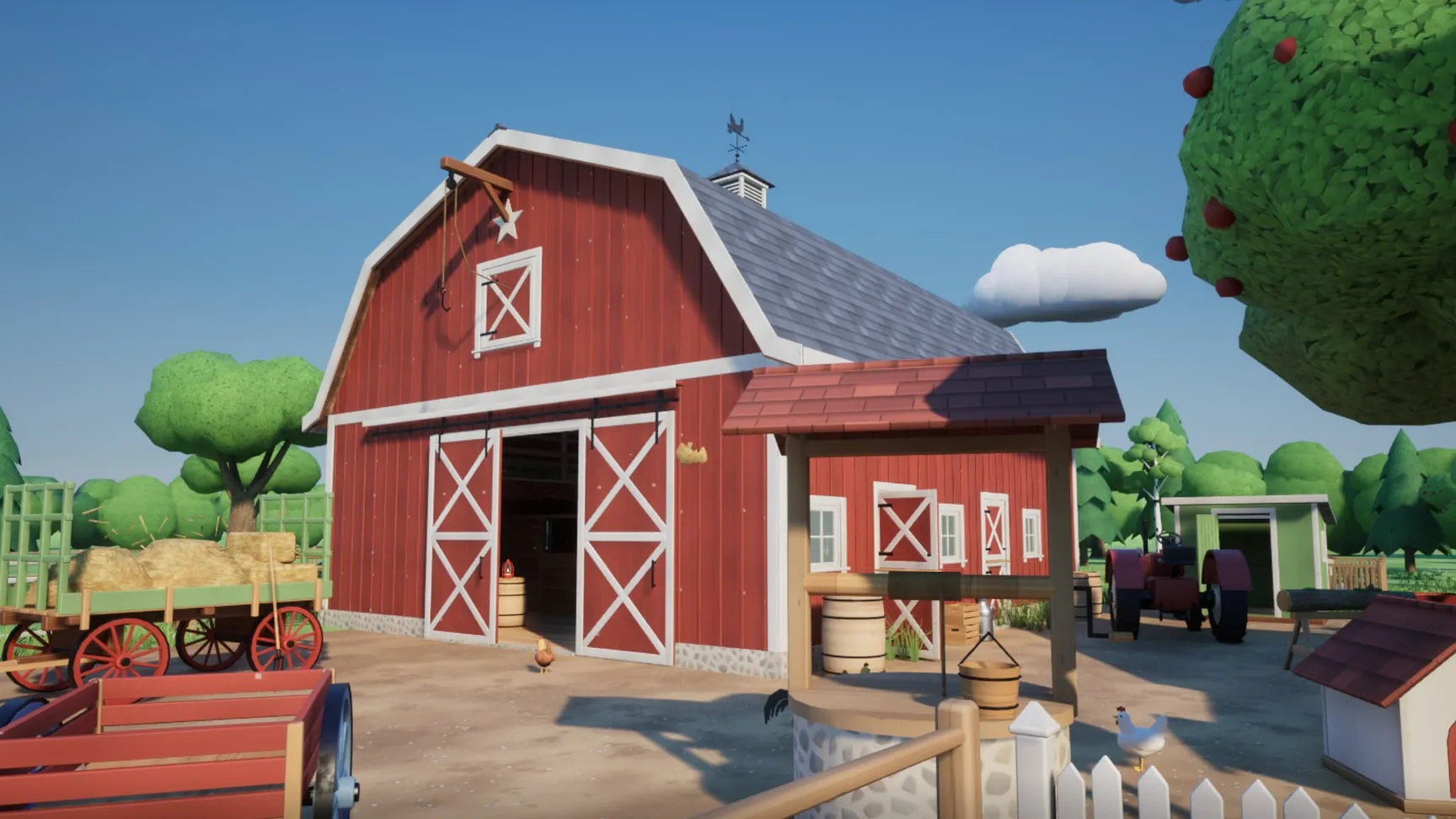 The barnyard: the gambrel barn, the well, the hay wagon, the tractor