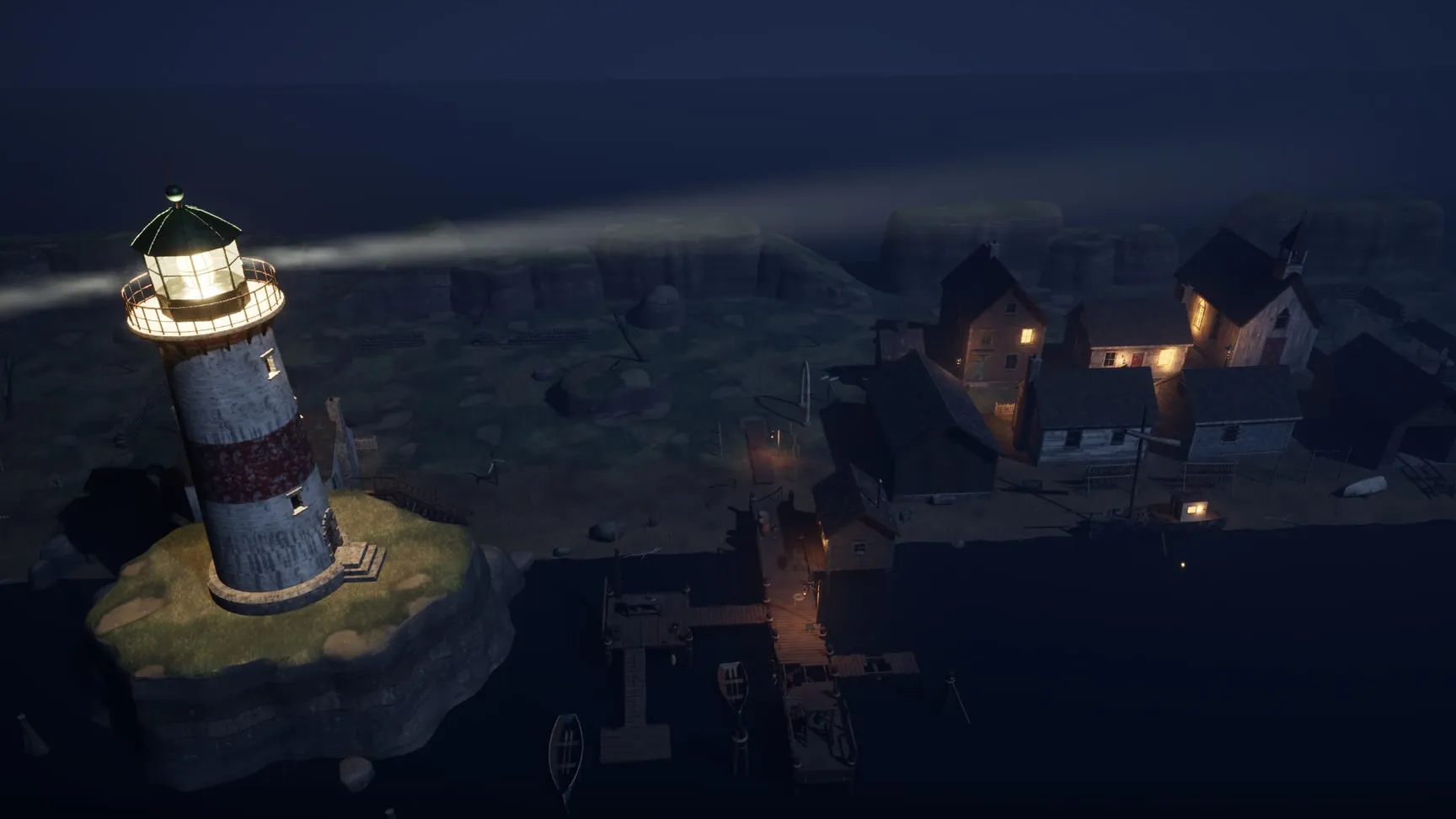 The whole demo map: lighthouse headland, pier, village and graveyard