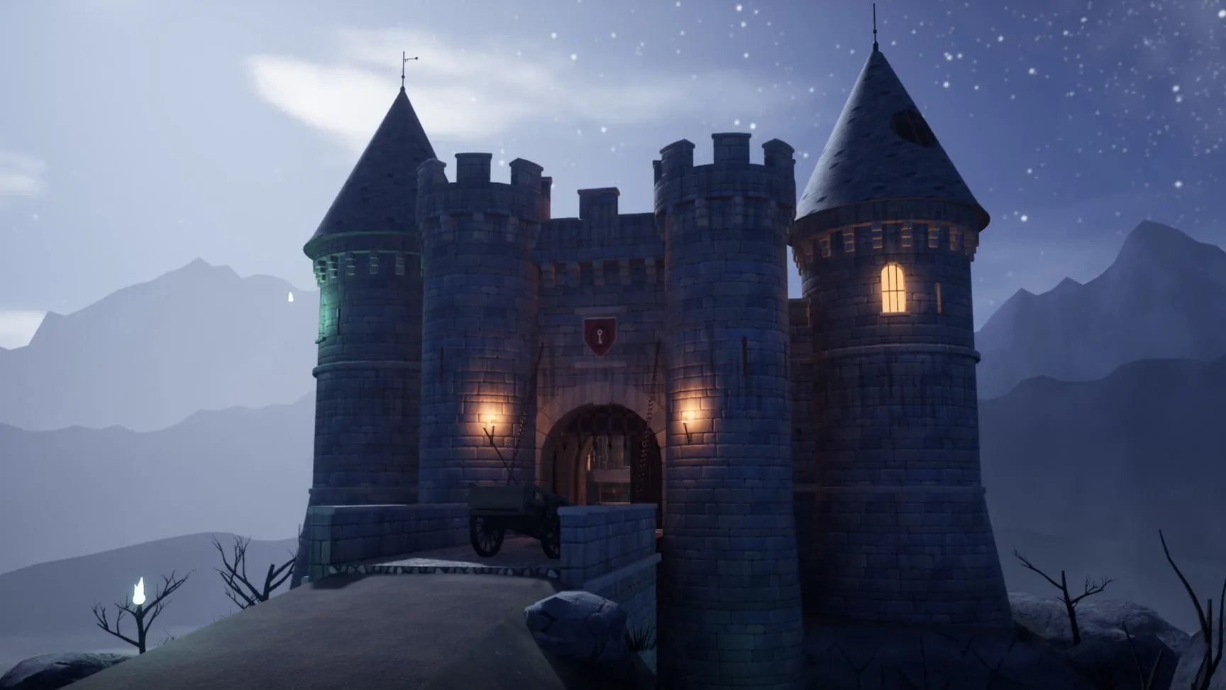 Thornhold from the road: towers, curtain walls and the gatehouse on the crag