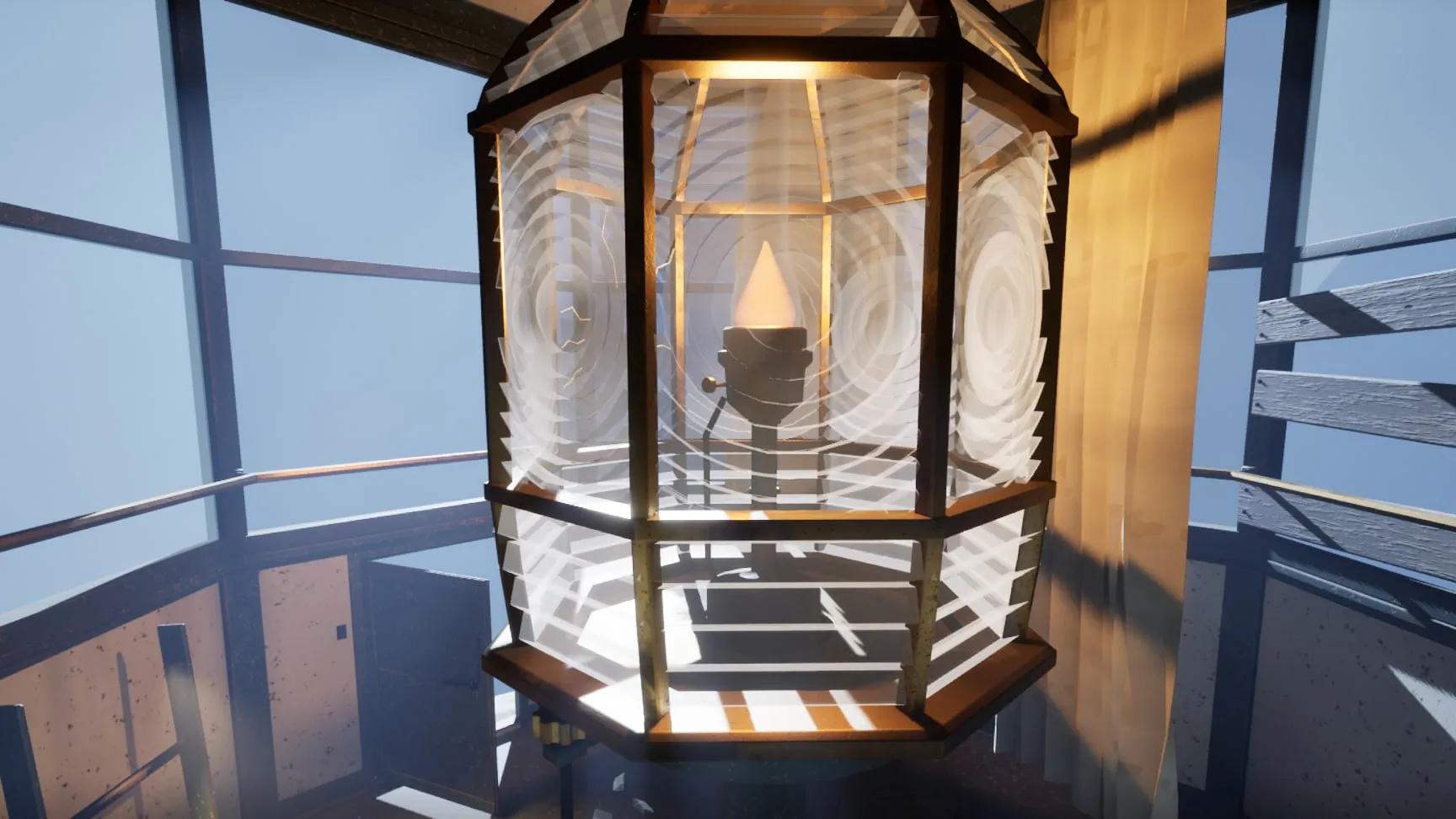 The lamp room: the cracked lens, the torn curtain, the burner still lit