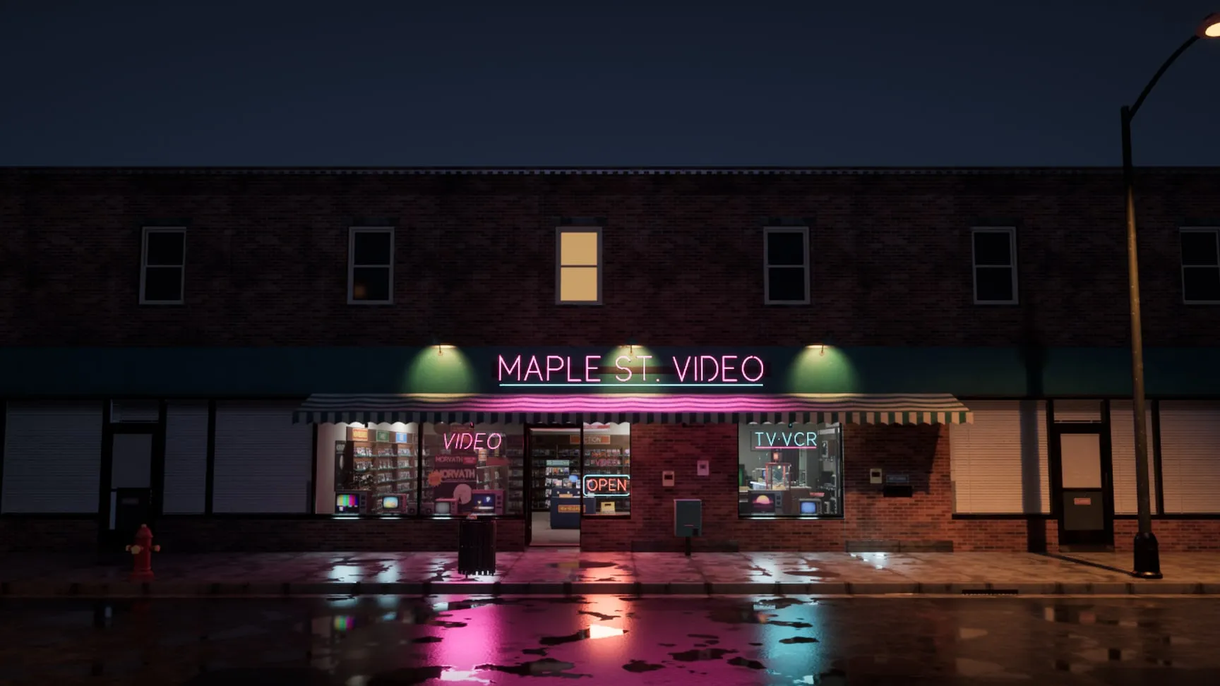 Maple St. after the rain, the neon storefront over the wet street