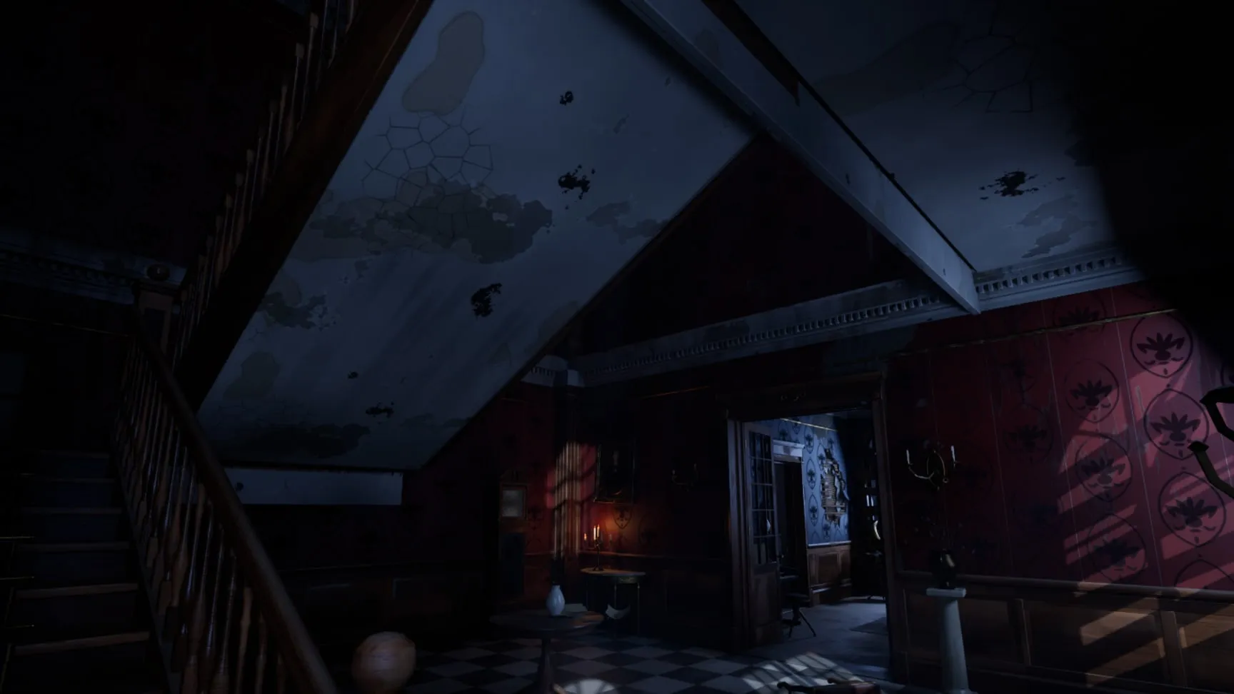 The entrance hall, moonlight on the marble and the U stair