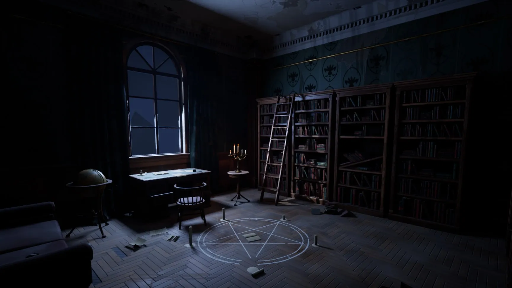 The library: a chalk circle, ransacked shelves, one candle