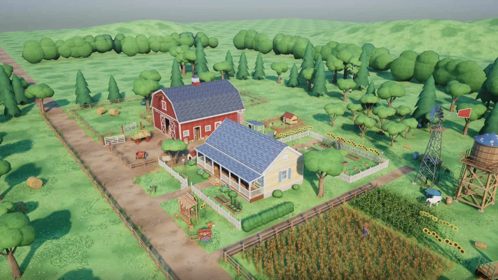 Sunny Hollow Farm from above: house, barn, wheat field, garden, pond, orchard