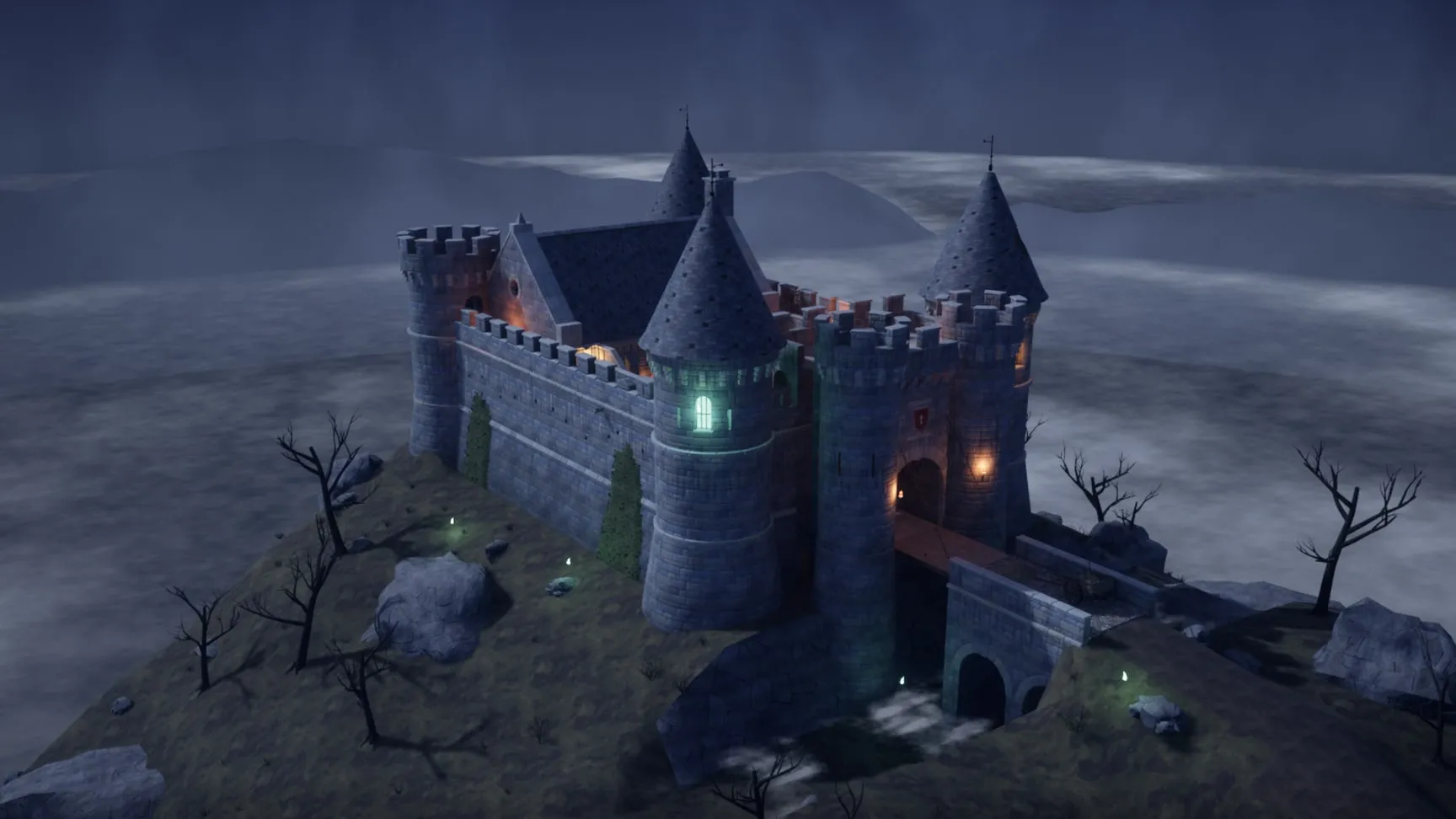 The whole castle over the valley and the road up the hill