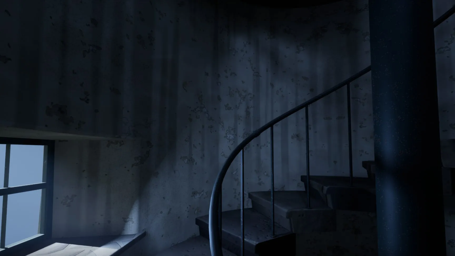 Up the spiral stair past the landing and the weight tube