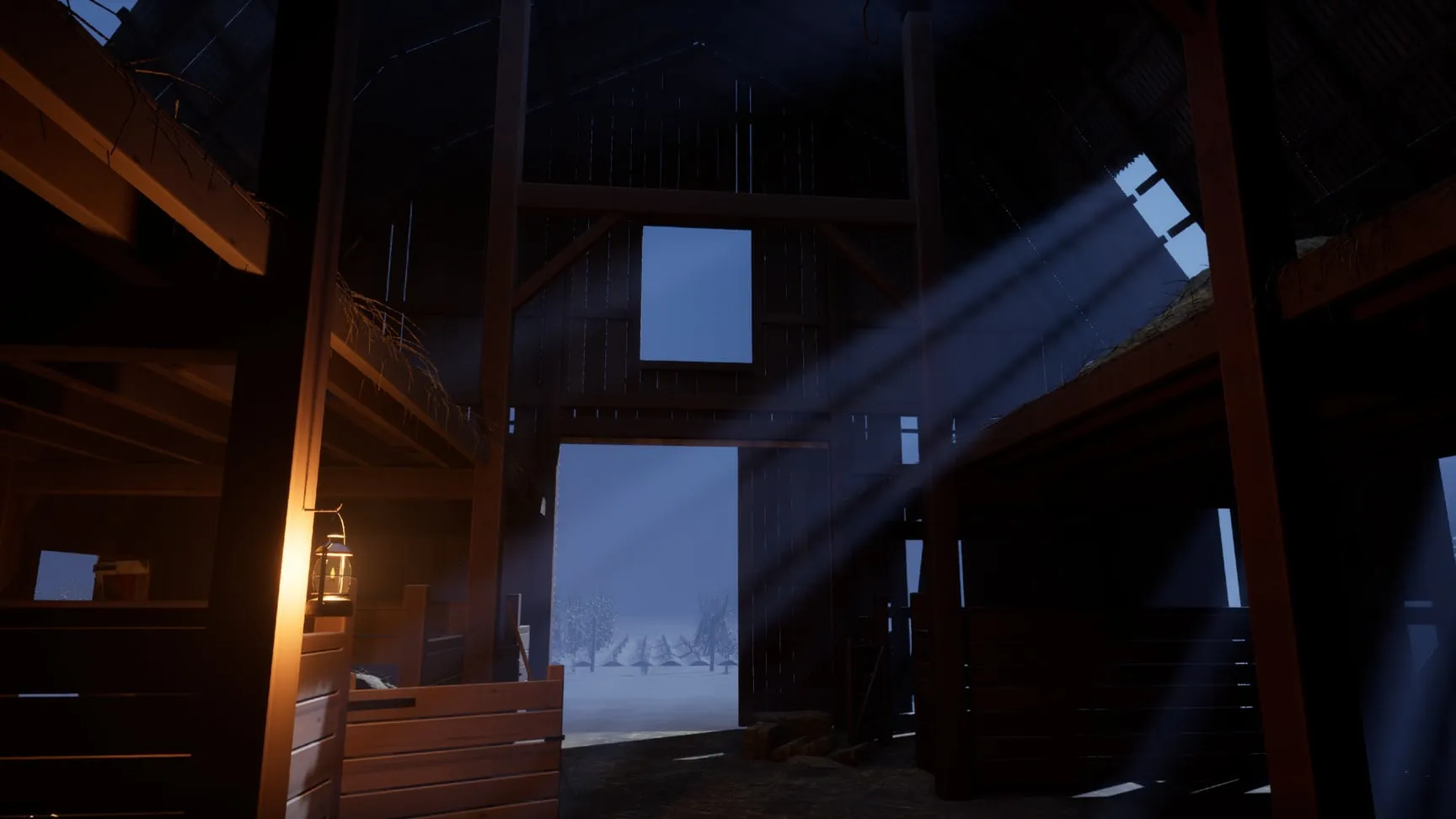 Moonlight shafts down the barn aisle