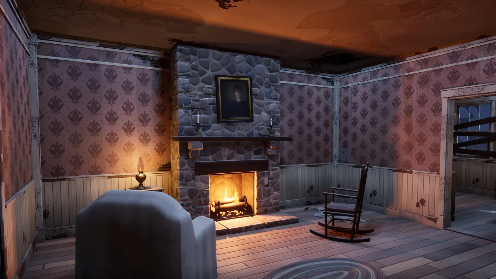 Parlor and fireplace in real-time Lumen