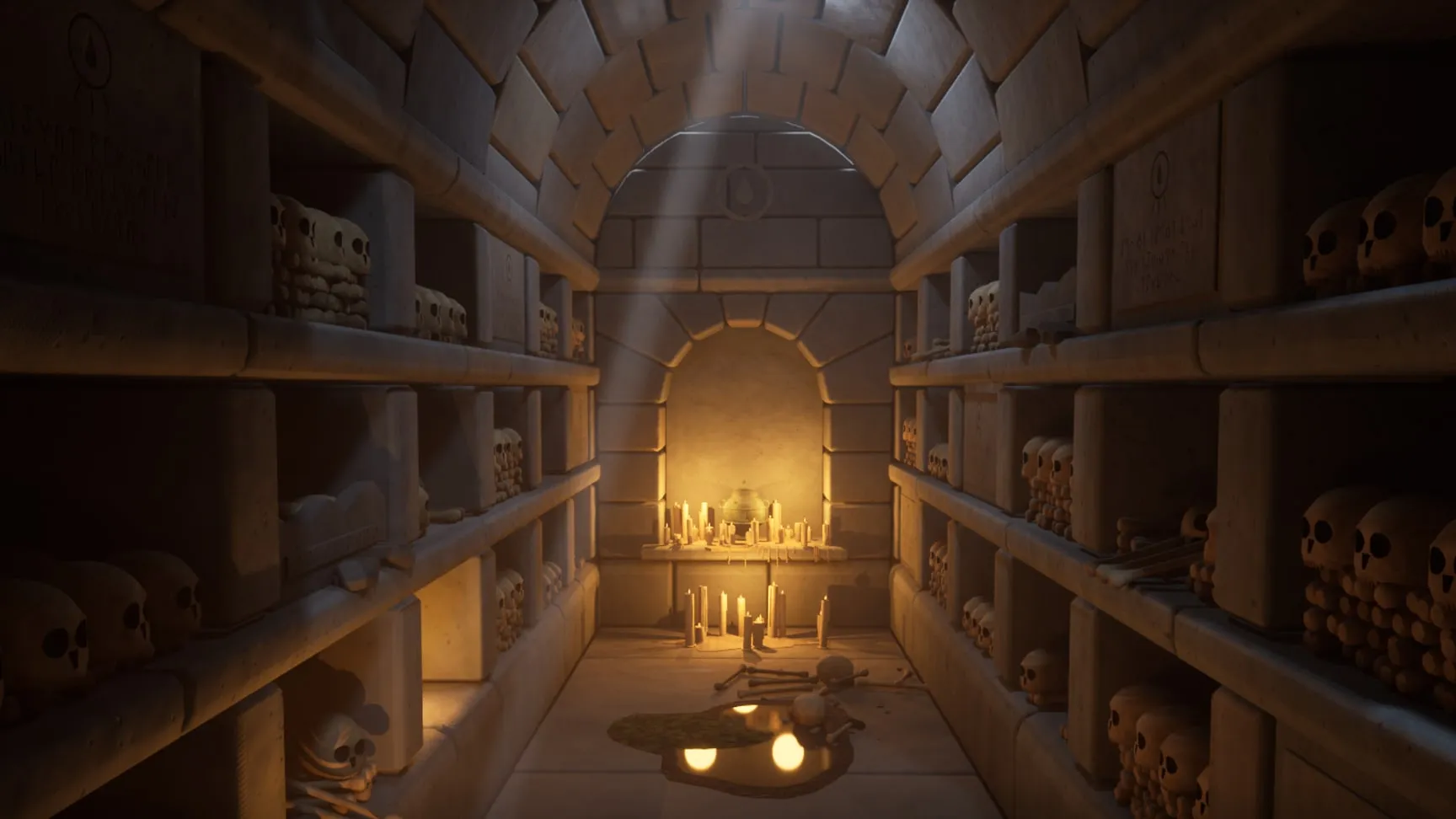 The ossuary corridor: bones laid in rows, a few niches robbed