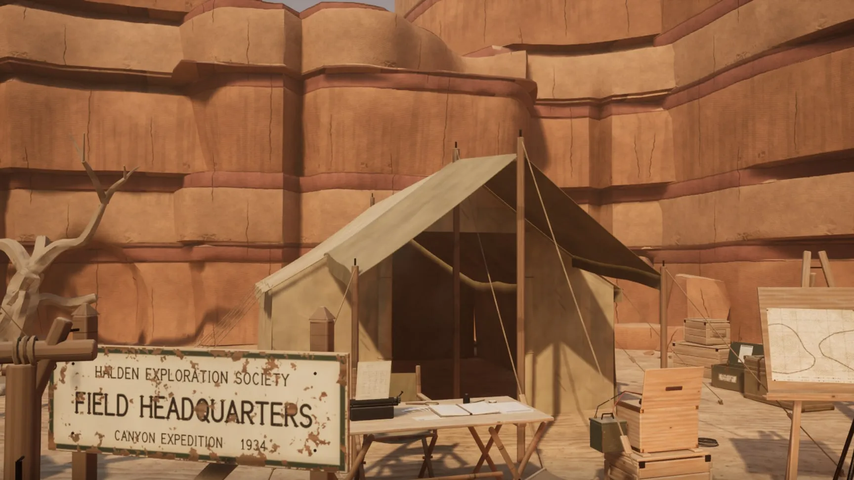 The field headquarters: the society's sign, the desk, the map easel