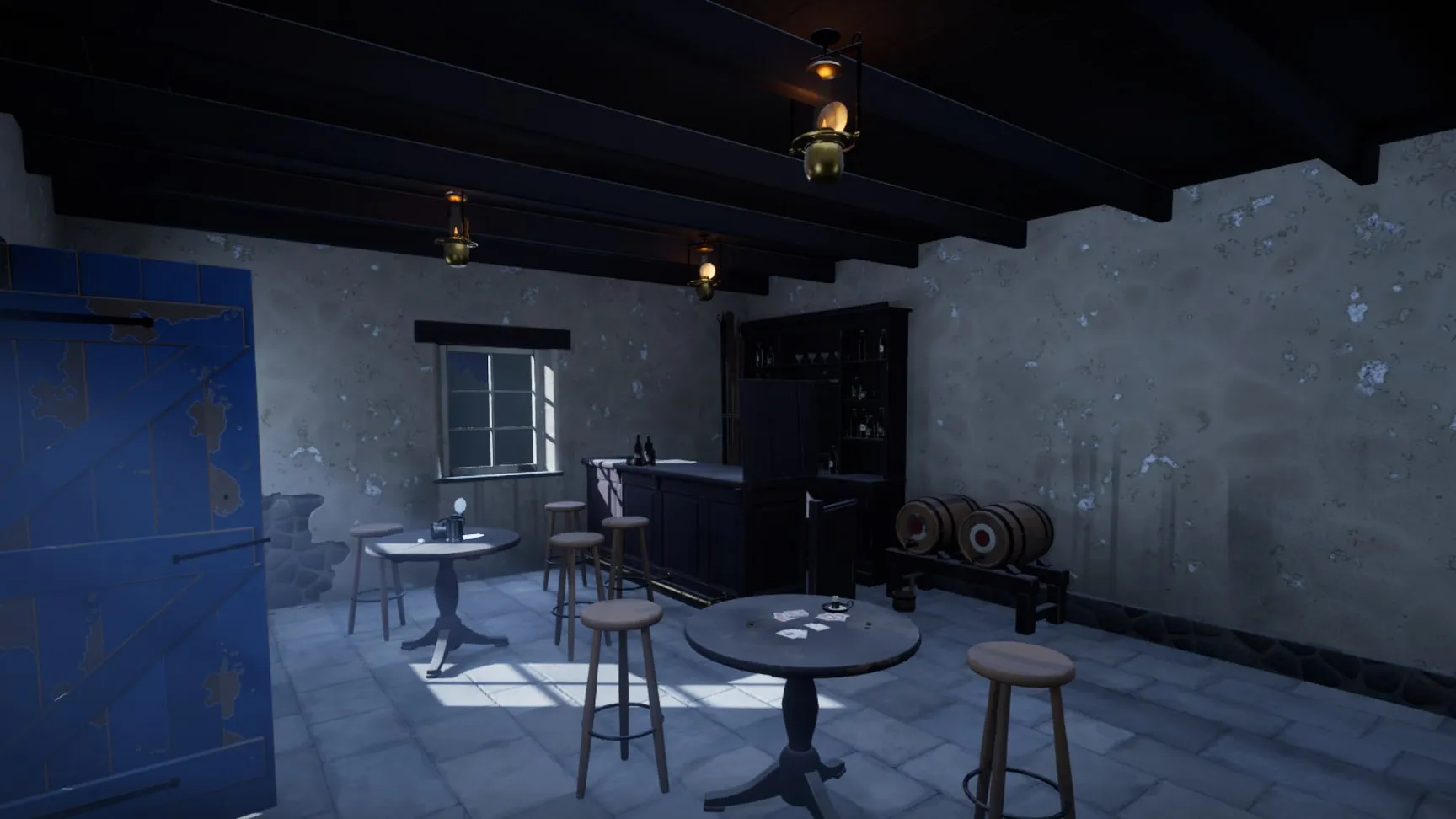 The harbour tavern: flagstones, round tables, the bar at the back