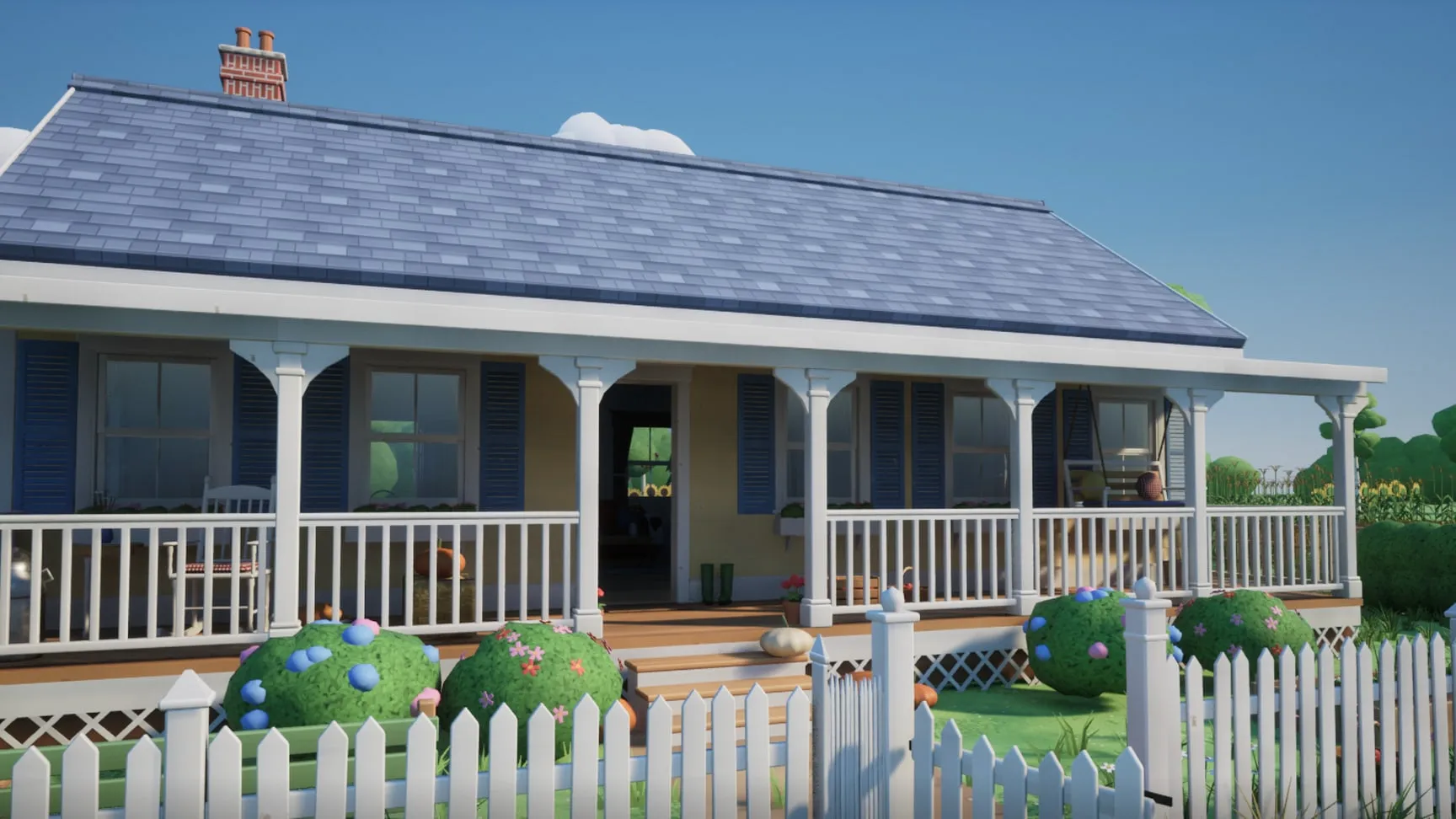 The farmhouse: the long porch, blue shutters, the picket fence