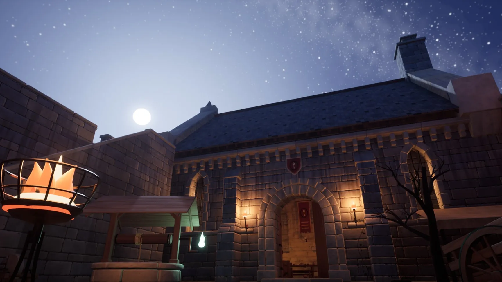 Low in the courtyard, the great hall under the full moon