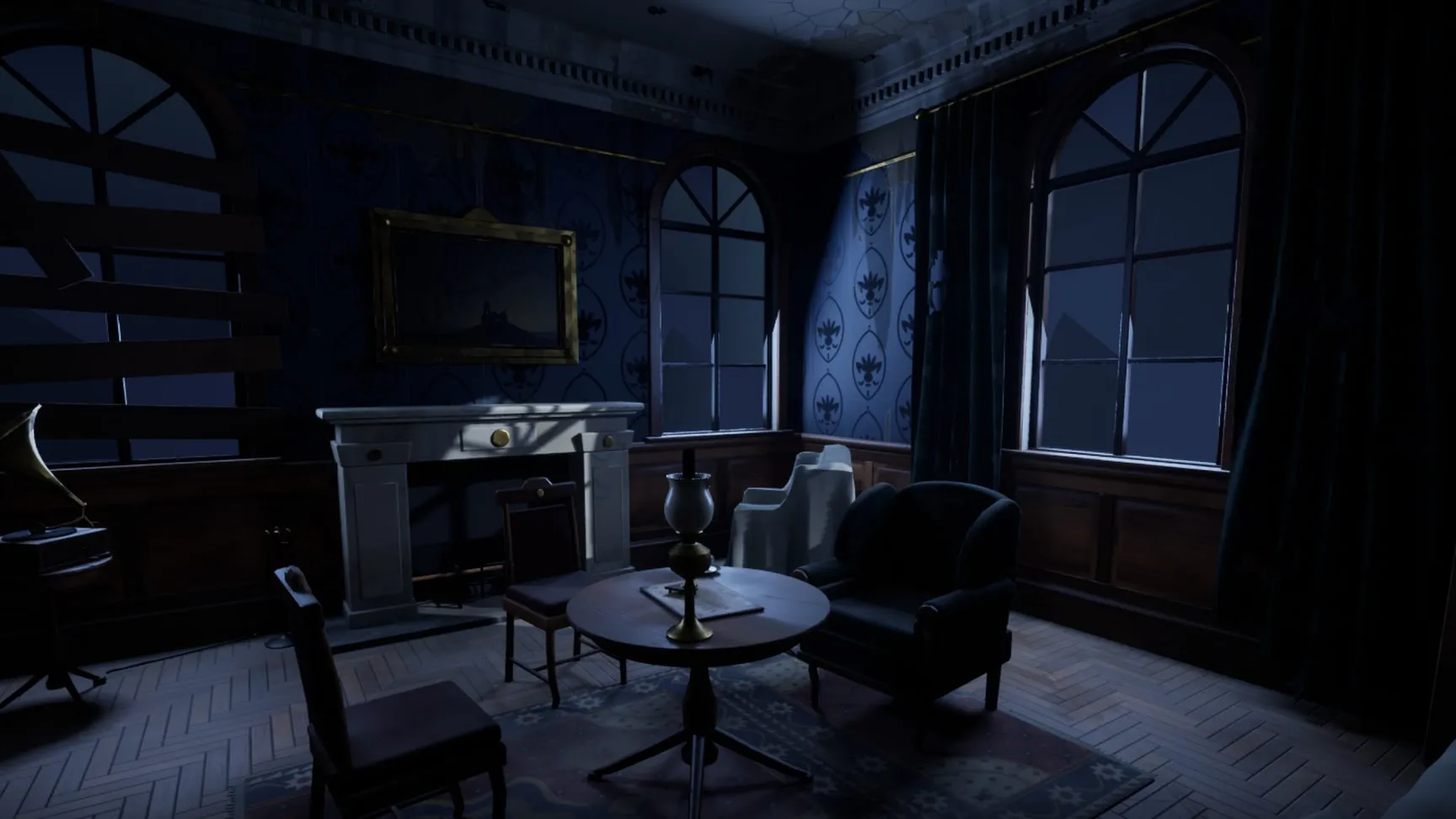 The parlour: dust sheets, a spirit board, boarded windows