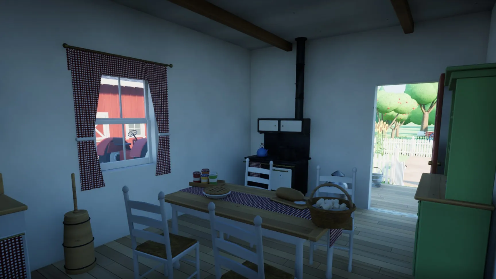 The kitchen: wood stove, preserves, eggs and bread on the table