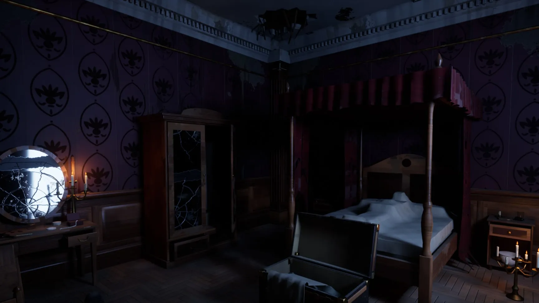 The bedroom and its cracked vanity