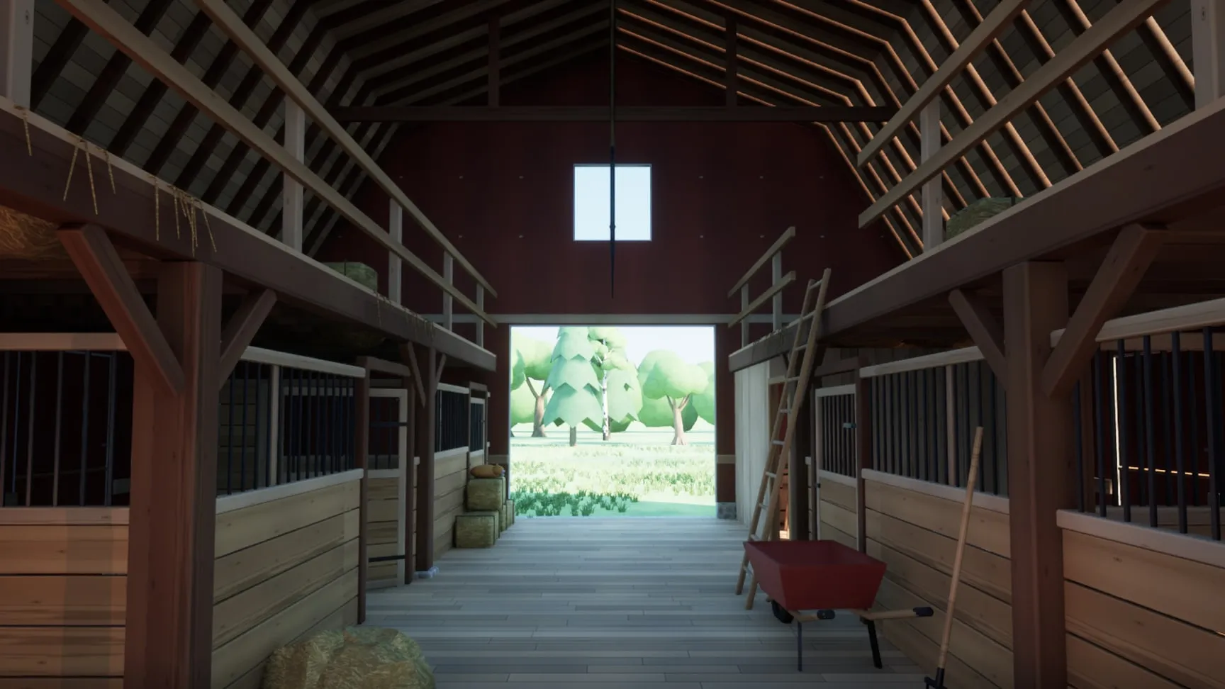 The barn aisle: stalls, the hay loft and its ladder
