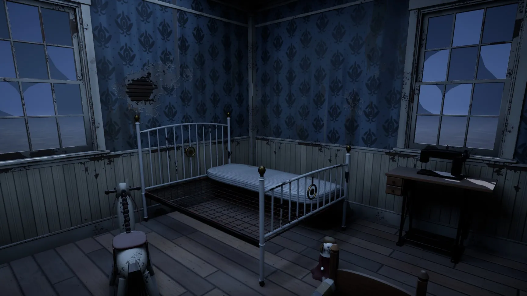 Nursery: rocking horse, doll and sewing machine