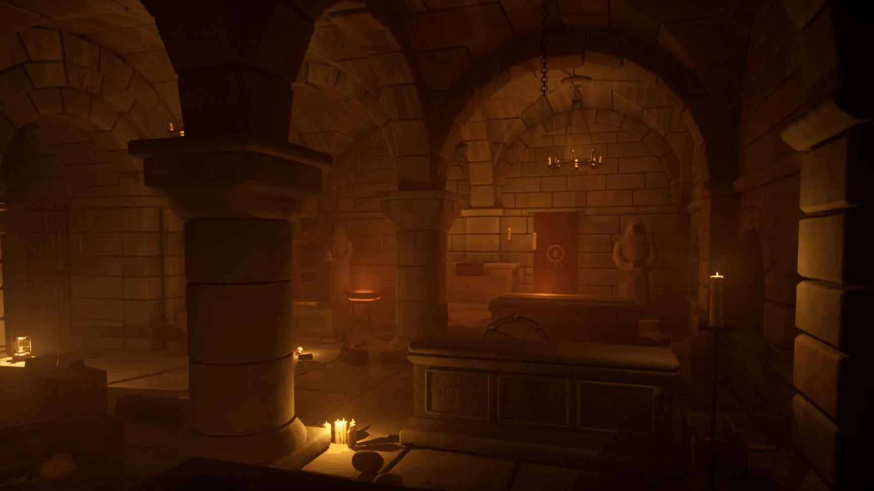The Hall of Tombs: two aisles of tombs under the chandeliers