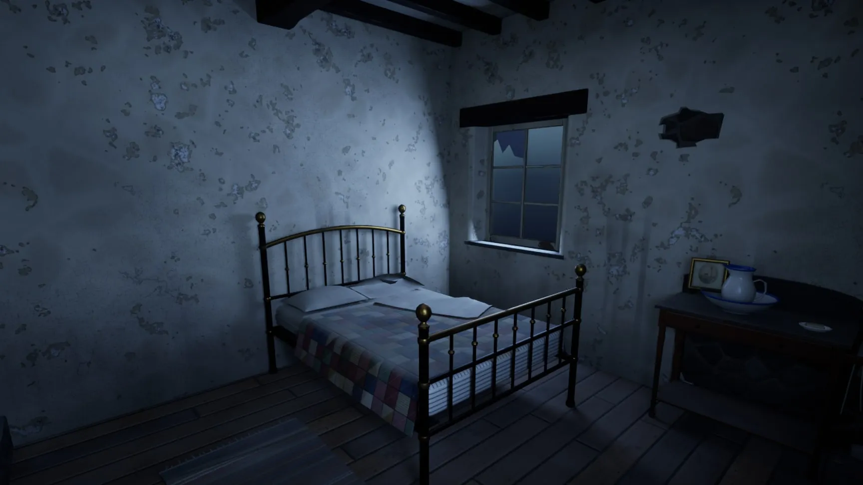 The keeper's bedroom: the iron bed, a washstand, a sampler on the wall