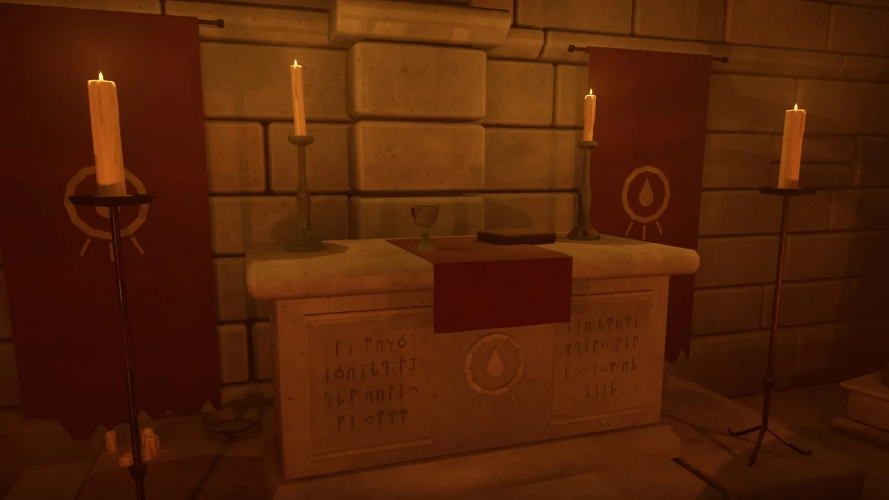 The altar on its dais between the stone wardens