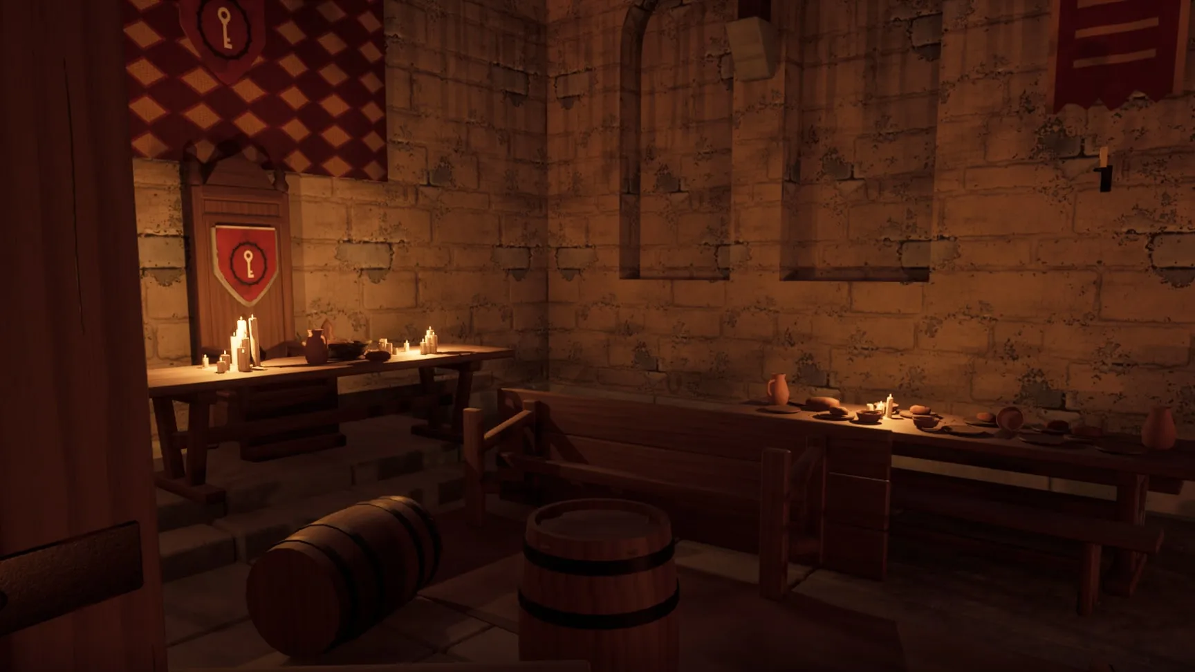 The great hall from the door: the barricade shoved back, the high table