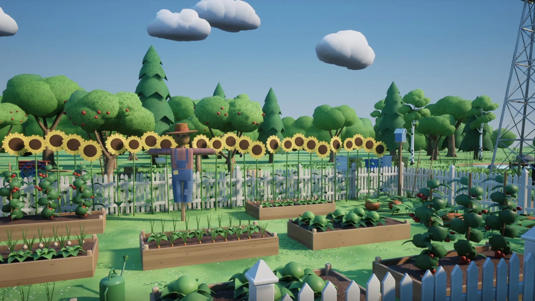The kitchen garden: raised beds, tomatoes, sunflowers, the scarecrow
