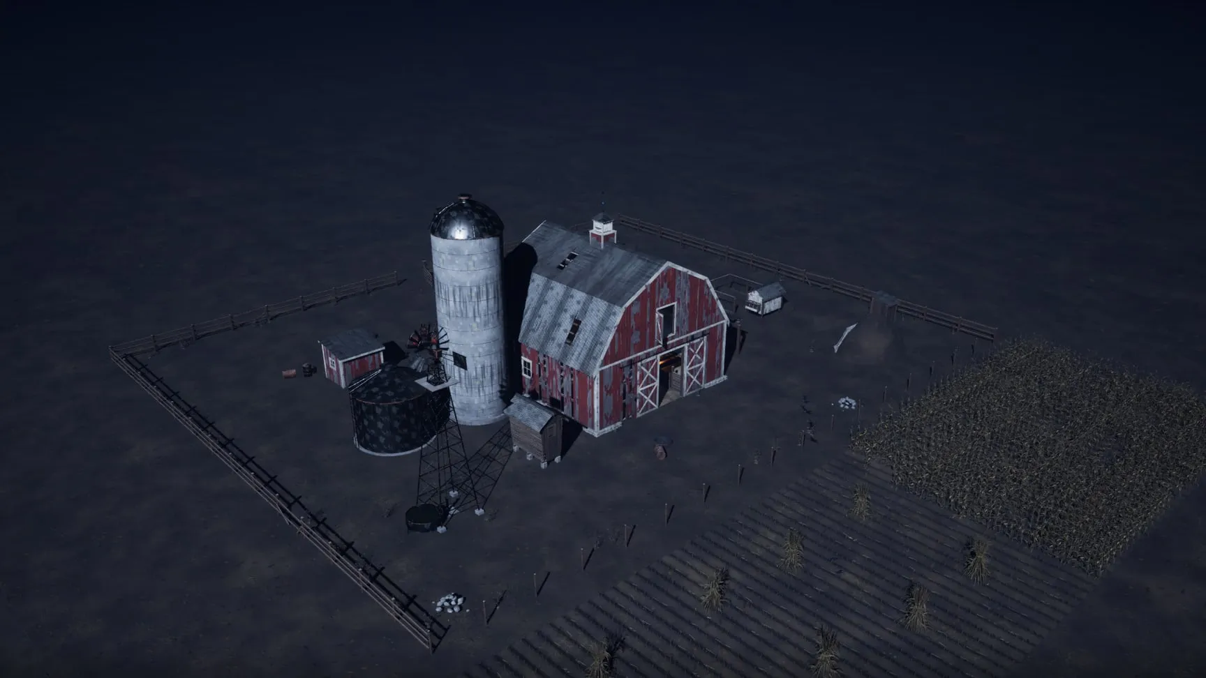 The whole farmstead: barn, outbuildings, yard and field
