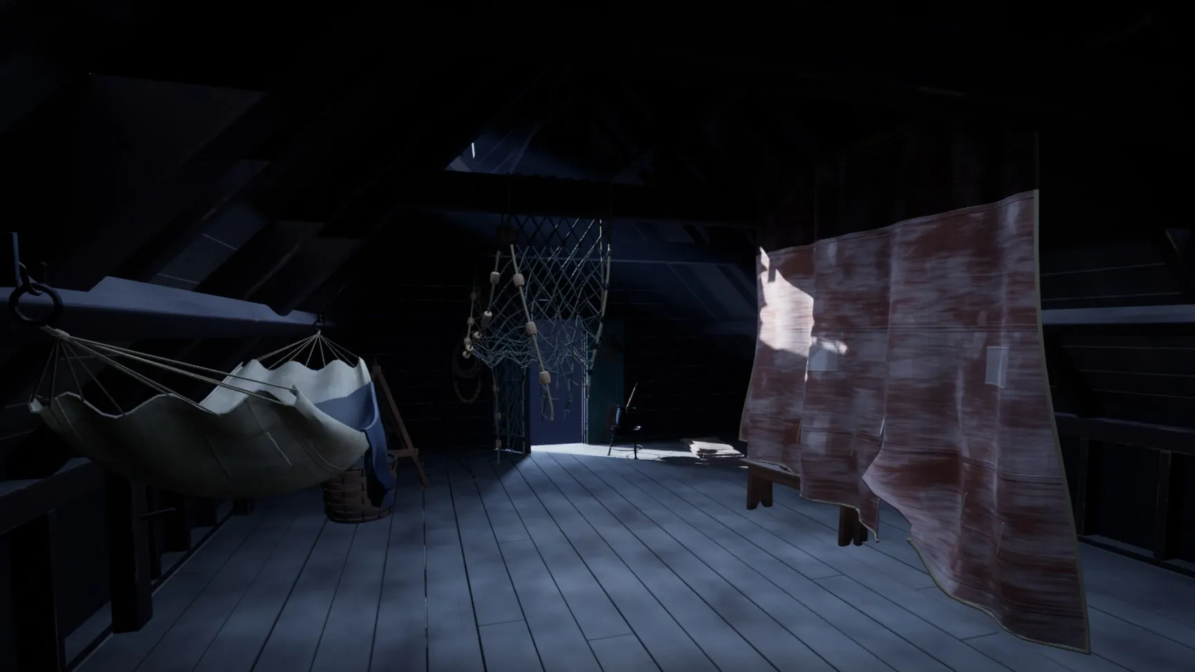 The net loft over the tavern: hung nets, a torn sail, the broken roof