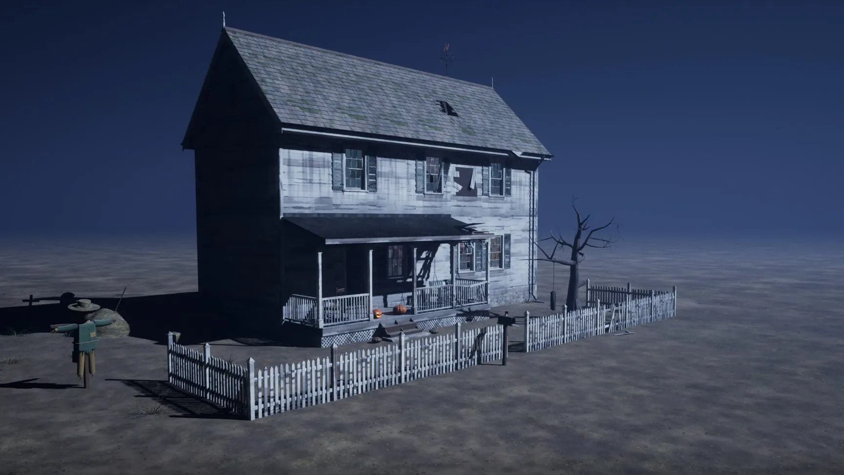 The whole homestead: house, fence, scarecrow and dead trees