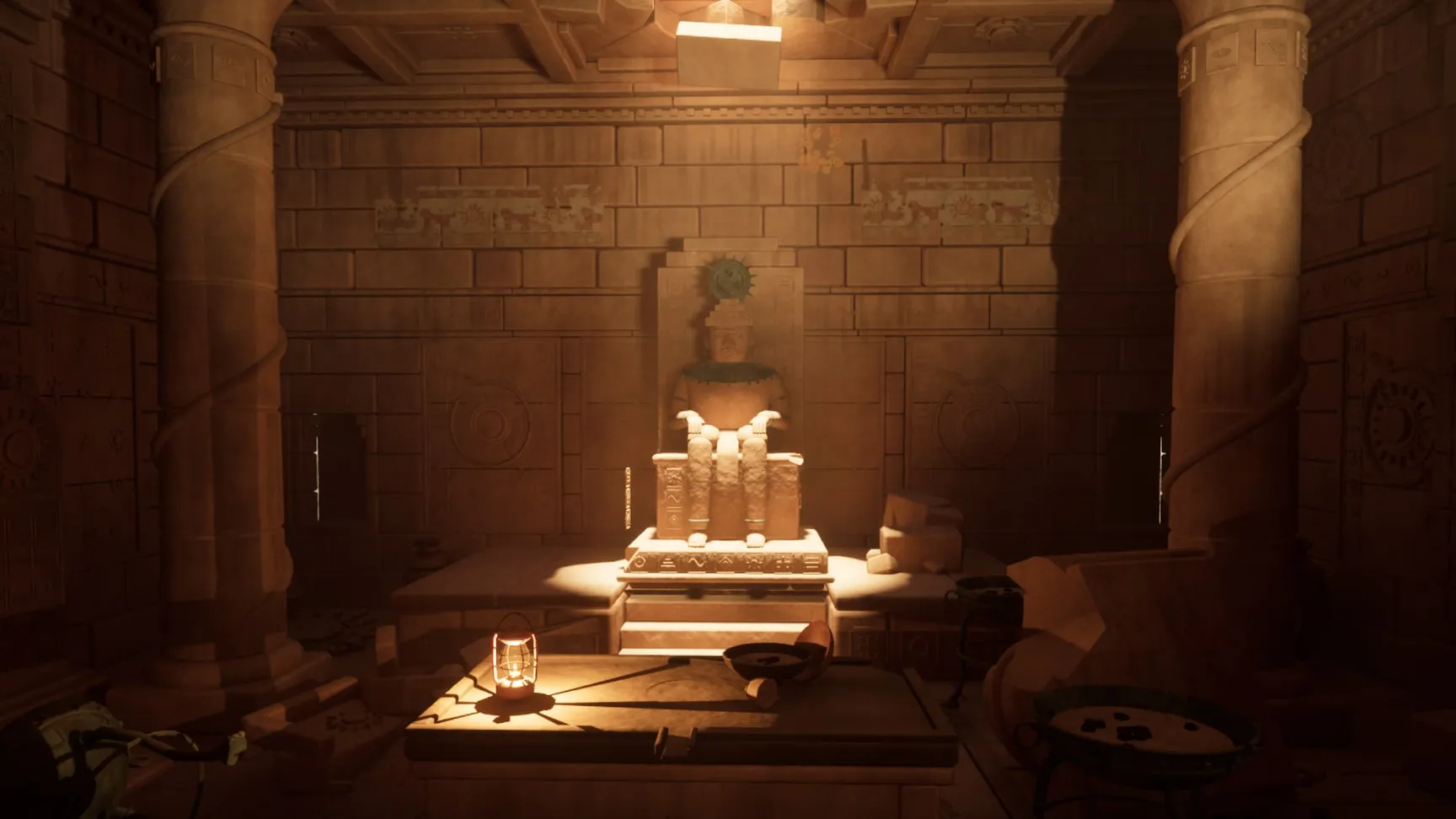 The sanctuary: the idol on its altar, coiled columns