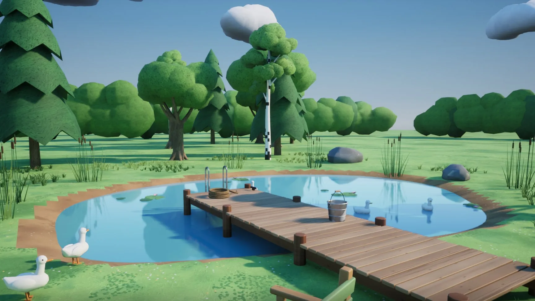 The pond: the dock, ducks, reeds and lily pads