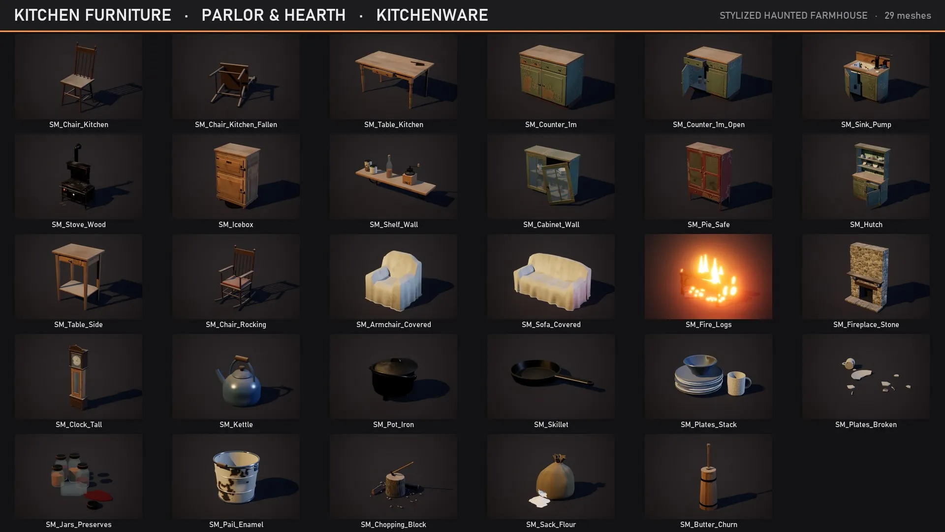 Kitchen furniture, parlor and kitchenware