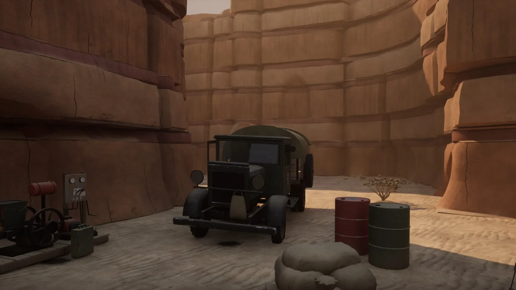 The wash: the 1930s lorry, the generator, drums and sandbags