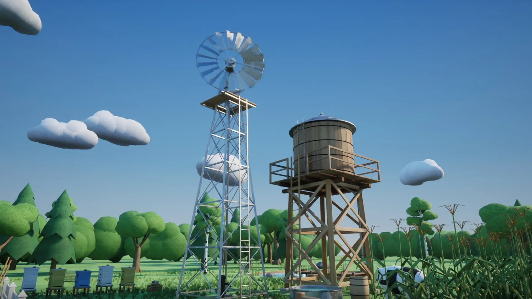 The windmill and the water tower by the corn, the beehives